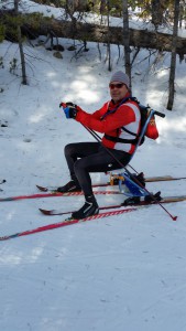 Passing skier kindly showing resting seat.